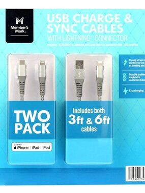 Member's Mark USB Lightning 3 Foot and 6 Foot Cables (Pack of 2)